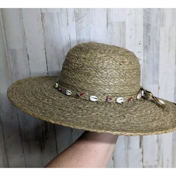 SCALA Womens Wide Brim Straw Sun Hat Beaded Shells One Size Boho Beach - Picture 4 of 10